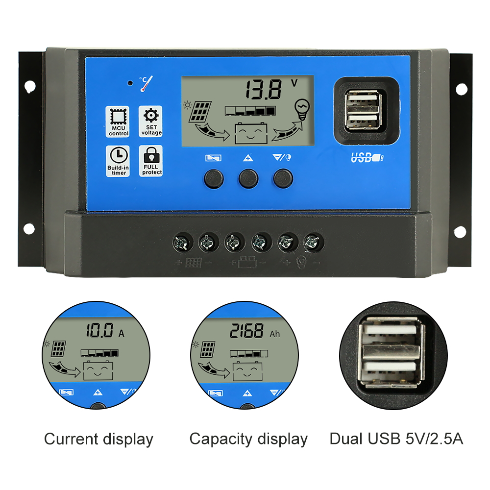 PWM Solar Charge Controller (20A–60A, 12/24V, LCD)
